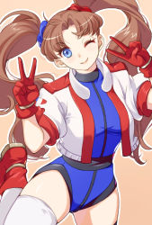 Rule 34 | 1girl, 34 (sanjushi), arms up, athletic leotard, blue eyes, blue leotard, boots, brown hair, double v, gloves, highres, jacket, leg up, leotard, long hair, looking at viewer, numan athletics, one eye closed, red footwear, red gloves, scrunchie, sharon les halles, short sleeves, smile, solo, standing, standing on one leg, thighhighs, thighs, twintails, v, white jacket, white thighhighs