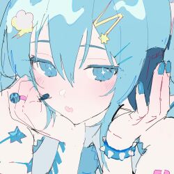 Rule 34 | 1girl, aqua eyes, aqua hair, blue nails, bracelet, close-up, fang, hair between eyes, hair ornament, hairclip, hands on headphones, hatsune miku, headphones, highres, jewelry, miku day, portrait, ring, sankichi (croquette crab), sketch, skin fang, solo, spiked bracelet, spikes, star-shaped pupils, star (symbol), symbol-shaped pupils, vocaloid