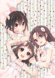 Rule 34 | 10s, 3girls, alternate costume, bare shoulders, black hair, breasts, brown eyes, brown hair, double bun, dress, elbow rest, eyes visible through hair, flower, hair between eyes, hair flower, hair intakes, hair ornament, holding hands, hand on own chin, interlocked fingers, jintsuu (kancolle), kantai collection, koruri, long hair, looking at viewer, lying, multiple girls, naka (kancolle), on back, on side, on stomach, open mouth, pink dress, sendai (kancolle), short hair, smile, strapless, strapless dress, two side up