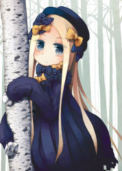 Rule 34 | 1girl, abigail williams (fate), birch tree, black bow, black dress, black hat, blonde hair, blue eyes, blush, bow, bug, butterfly, closed mouth, commentary request, dress, fate/grand order, fate (series), hair bow, hat, insect, long hair, long sleeves, looking at viewer, orange bow, outdoors, parted bangs, polka dot, polka dot bow, sleeves past fingers, sleeves past wrists, solo, sorrau, tree, very long hair