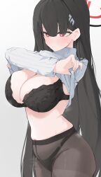 Rule 34 | 1girl, black bra, black hair, black panties, black pantyhose, blue archive, blush, bra, breasts, clothes lift, cowboy shot, grey background, hair ornament, hairclip, halo, highres, lace, lace-trimmed bra, lace trim, large breasts, lifting own clothes, long hair, long sleeves, mikozin, no pants, paid reward available, panties, panties under pantyhose, pantyhose, rio (blue archive), simple background, skindentation, solo, steaming body, stomach, sweat, sweater, sweater lift, thighband pantyhose, thighs, turtleneck, turtleneck sweater, underwear, undressing, very long hair, white sweater