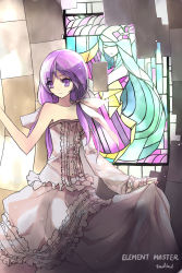 Rule 34 | 1girl, aisha landar, artist name, bad id, bad pixiv id, character name, clothes lift, dress, dress lift, elemental master (elsword), elsword, frilled dress, frills, highres, long hair, low twintails, purple eyes, purple hair, rena erindel, smile, solo, stained glass, swd3e2, twintails, white dress