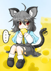 Rule 34 | 1girl, animal ears, bad id, bad pixiv id, basket, black hair, cheese, eku, female focus, food, full body, mouse (animal), mouse ears, mouse tail, nazrin, red eyes, shoes, sitting, socks, solo, tail, touhou