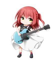 Rule 34 | 1girl, black footwear, black shirt, bocchi the rock!, chibi, closed mouth, clothes writing, electric guitar, full body, green eyes, guitar, hair between eyes, highres, holding, holding instrument, instrument, kita ikuyo, kuena, loafers, one side up, red hair, red socks, shirt, shoes, short sleeves, simple background, skirt, smile, socks, solo, white background, white skirt
