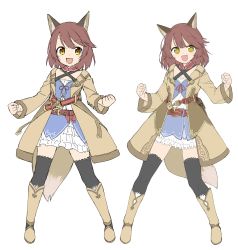 Rule 34 | 1girl, :d, absurdres, amane rosylily, animal ear fluff, animal ears, belt, belt buckle, black thighhighs, blush, boots, brown belt, brown coat, brown eyes, brown footwear, brown hair, buckle, clenched hands, coat, collarbone, commentary request, criss-cross halter, dress, fang, fox ears, fox girl, fox tail, halterneck, highres, knee boots, long sleeves, looking at viewer, multiple views, open clothes, open coat, open mouth, original, sekira ame, simple background, smile, standing, tail, thighhighs, white background, white dress