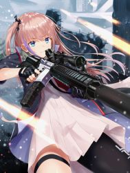Rule 34 | 1girl, akabane hibame, ar-15, assault rifle, blue eyes, closed mouth, commentary request, fingerless gloves, girls&#039; frontline, gloves, gun, hair ribbon, highres, holding, holding gun, holding weapon, jacket, magazine (weapon), multicolored hair, one side up, pantyhose, pink hair, ribbon, rifle, scope, side ponytail, single thighhigh, solo, st ar-15 (girls&#039; frontline), thighhighs, weapon