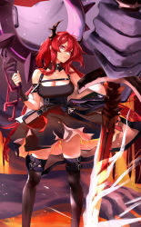 Rule 34 | 1girl, arknights, banned artist, black dress, black thighhighs, breasts, cleavage, closed mouth, collarbone, demon horns, dress, feet out of frame, harness, highres, holding, holding sword, holding weapon, horns, long hair, looking at viewer, medium breasts, neconel, parted lips, purple eyes, red hair, solo, standing, surtr (arknights), sword, thighhighs, weapon