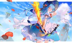 Rule 34 | 1girl, absurdres, arm up, bird, blue hair, blue skirt, blue sky, bow, bowtie, cloud, dove, feet out of frame, food, frilled skirt, frills, fruit, highres, hinanawi tenshi, keystone, long hair, looking at viewer, outdoors, parted lips, peach, peach hat ornament, pfallen, rainbow order, red bow, red bowtie, signature, skirt, sky, smile, solo, sword of hisou, touhou