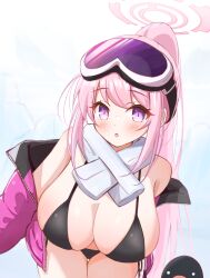 Rule 34 | 1girl, arm behind back, bikini, black bikini, blue archive, blush, breasts, commentary request, eimi (blue archive), eimi (swimsuit) (blue archive), eyewear on head, goggles, halo, high ponytail, highres, huge breasts, jacket, leaning forward, long hair, looking at viewer, magna art, off shoulder, official alternate costume, open clothes, open jacket, open mouth, pink hair, pink halo, pink jacket, ponytail, purple eyes, scarf, simple background, ski goggles, solo, string bikini, swimsuit, white background, white scarf