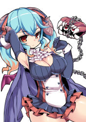Rule 34 | 1girl, arm behind head, armpits, blue hair, breasts, brown hair, cape, chain, cleavage, cowboy shot, demon horns, demon wings, elbow gloves, gloves, hair ribbon, horns, impossible clothes, lapis (sennen sensou aigis), large breasts, long hair, looking at viewer, multicolored hair, nemui (nemui), purple cape, red eyes, ribbon, sennen sensou aigis, sidelocks, solo, standing, teeth, twintails, two-tone hair, white neckwear, wings, wrist cuffs