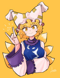 Rule 34 | 1girl, absurdres, animal ears, animal hat, artist name, asutoro (s--t), blonde hair, closed mouth, commentary, dress, fox ears, fox shadow puppet, fox tail, hat, highres, long sleeves, looking at viewer, mob cap, multiple tails, notice lines, short hair, signature, simple background, smile, solo, tail, tassel, touhou, upper body, white dress, white hat, wide sleeves, yakumo ran, yellow background, yellow eyes