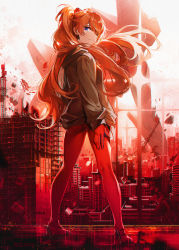 Rule 34 | 1girl, ass, backlighting, baisi shaonian, blue eyes, bodysuit, brown jacket, building, character request, cityscape, closed mouth, evangelion: 3.0+1.0 thrice upon a time, eyepatch, from behind, full body, hair over one eye, highres, hood, hood down, jacket, legs apart, long hair, looking at viewer, looking back, neon genesis evangelion, outdoors, plugsuit, rebuild of evangelion, red bodysuit, ruins, shoes, smile, solo, souryuu asuka langley, standing, tower