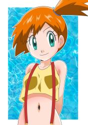 Rule 34 | 1girl, breasts, closed mouth, commentary, creatures (company), game freak, green eyes, gym leader, hainchu, highres, looking at viewer, midriff, misty (pokemon), navel, nintendo, orange hair, pokemon, pokemon (anime), pokemon (classic anime), short hair, side ponytail, smile, solo, suspenders