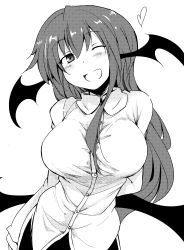 Rule 34 | 1girl, ;d, absurdres, bat wings, breasts, chata maru (irori sabou), demon girl, female focus, greyscale, head wings, heart, highres, koakuma, large breasts, long hair, low wings, monochrome, one eye closed, open mouth, simple background, smile, solo, demon girl, touhou, white background, wings