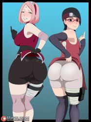 Rule 34 | 2girls, absurdres, artist name, ass, bare shoulders, bike shorts, black eyes, black hair, blue background, blush, boruto: naruto next generations, breasts, cameltoe, cleft of venus, come hither, forehead jewel, from behind, glasses, gloves, green eyes, hairband, haruno sakura, headband, highres, huge ass, large breasts, lifting own clothes, looking at viewer, looking back, mature female, mother and daughter, multiple girls, naruto (series), naughty face, pouch, short hair, shorts, sleeveless, smile, studio oppai, sweat, thighhighs, thighs, uchiha sarada, white shorts