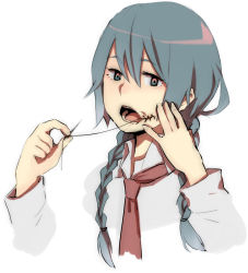 Rule 34 | 1girl, blue eyes, blue hair, braid, collared shirt, commentary request, hair between eyes, holding, injury, long sleeves, mii (1994combo), necktie, needle, open mouth, original, portrait, red necktie, sewing, sewing needle, shirt, simple background, solo, string, teeth, twin braids, white background, white shirt