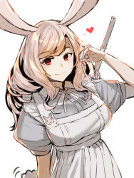 Rule 34 | 1girl, animal ears, apron, blush, breasts, brown hair, closed mouth, collared dress, commentary request, dress, grey dress, hand in own hair, hand up, heart, long hair, looking at viewer, medium breasts, neck ribbon, original, puffy short sleeves, puffy sleeves, rabbit ears, red eyes, ribbon, short sleeves, simple background, solo, white apron, white background, white ribbon, yuuji (yukimimi)