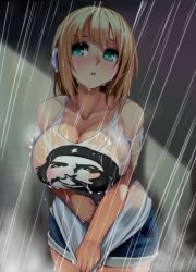 Rule 34 | 1girl, bad id, bad twitter id, bare shoulders, blonde hair, blush, breasts, che guevara, cleavage, covered erect nipples, gen (black factory), green eyes, headphones, highres, huge breasts, open mouth, original, rain, see-through, see-through silhouette, shirt tug, short hair, short shorts, shorts, solo, wet, wet clothes