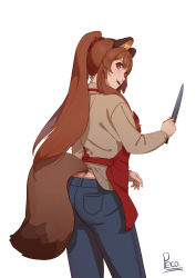 Rule 34 | 1girl, 33ehdrbs, absurdres, animal ear fluff, animal ears, apron, brown hair, butcher knife, casual, denim, highres, holding, jeans, knife, long hair, long sleeves, looking at viewer, open mouth, pants, pink eyes, raccoon ears, raccoon girl, raccoon tail, raphtalia, smile, solo, sweater, tail, tate no yuusha no nariagari, white background