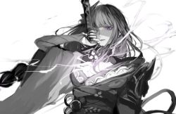 Rule 34 | 1girl, bad id, bad twitter id, breasts, bridal gauntlets, electricity, genshin impact, greyscale, hair ornament, highres, holding, holding sword, holding weapon, human scabbard, japanese clothes, kimono, large breasts, long hair, long sleeves, looking at viewer, mitsudomoe (shape), monochrome, open mouth, parted lips, purple eyes, raiden shogun, ribbon, sash, simple background, solo, sword, tomoe (symbol), umenoume, weapon, white background, wide sleeves