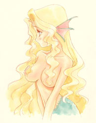 Rule 34 | 1girl, aulbath, blonde hair, brazil, breasts, capcom, completely nude, cowboy shot, female focus, fins, genderswap, genderswap (mtf), hair over breasts, head fins, long hair, looking to the side, medium breasts, mermaid, midnight bliss, monster girl, nanase aoi, nipples, nude, profile, scales, simple background, solo, solo focus, v arms, vampire (game), wavy hair, yellow background