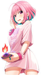 Rule 34 | 1girl, ahoge, aqua hair, arm at side, ass, blush, breasts, cellphone, collar, cowboy shot, earrings, fang, fire, from behind, hair between eyes, hair intakes, hand up, heart, heart on chest, highres, holding, holding phone, idolmaster, idolmaster cinderella girls, jewelry, large breasts, looking at viewer, looking back, looking down, multicolored hair, no pants, ntn00a, open mouth, phone, pill, pill earrings, pink collar, pink eyes, pink hair, pink shirt, ring, shirt, short hair, short sleeves, simple background, single bare shoulder, skeleton print, smartphone, solo, standing, t-shirt, thighs, tongue, twisted torso, two-tone hair, wristband, yumemi riamu