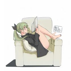 1girl alternate_hairstyle anchovy_(girls_und_panzer) armchair barefoot bespectacled black_ribbon black_shirt book chair commentary dated dress_shirt from_side girls_und_panzer glasses green_hair hair_ribbon highres holding holding_book long_hair long_sleeves looking_at_viewer lying no_pants on_back on_chair panties pillow ponytail reading ribbon shadow shirt simple_background solo underwear useless_(gss44344) white_background white_panties