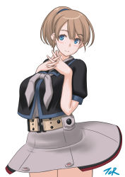 Rule 34 | 1girl, belt, black shirt, blue eyes, breasts, brown hair, character name, cowboy shot, grey neckwear, own hands clasped, highres, intrepid (kancolle), kantai collection, large breasts, own hands together, ponytail, shirt, short hair, simple background, skirt, solo, t2r, white background, white skirt