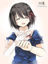Rule 34 | 10s, 1girl, :d, ^ ^, black hair, blush, elbow gloves, closed eyes, gloves, haguro (kancolle), hair ornament, hand on own chest, jewelry, kantai collection, marimo kei, open mouth, personification, ring, short hair, smile, solo, tears, wedding band, white gloves