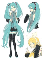 Rule 34 | 2girls, aqua eyes, aqua hair, aqua necktie, black footwear, black skirt, black sleeves, blonde hair, boots, collared shirt, commentary, detached sleeves, english commentary, grey shirt, hair ornament, hairclip, hatsune miku, headset, highres, holding, holding hair, kagamine rin, long hair, mota (motaberrie), multiple girls, multiple views, necktie, open mouth, pleated skirt, profile, shirt, simple background, skirt, sleeveless, sleeveless shirt, smile, standing, thigh boots, twintails, v, very long hair, vocaloid