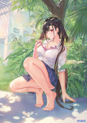 Rule 34 | 1girl, ahoge, anchor hair ornament, artist name, atdan, azur lane, bare legs, barefoot, black hair, blue skirt, blush, breasts, closed mouth, collarbone, collared shirt, convenient leg, day, earrings, feet, full body, hair ornament, hand up, highres, independence (azur lane), jewelry, large breasts, light particles, long hair, looking at viewer, miniskirt, mole, mole on thigh, nature, outdoors, pink neckwear, pleated skirt, red eyes, shirt, skirt, sleeves pushed up, slit pupils, smile, solo, squatting, sweat, thighs, tree, tree shade, very long hair, white shirt
