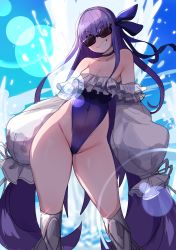 Rule 34 | 1girl, absurdres, bare shoulders, blue choker, blue one-piece swimsuit, blue ribbon, choker, collarbone, commentary, covered navel, curvy, english commentary, fate/grand order, fate (series), feet out of frame, frilled one-piece swimsuit, frills, grin, hair ribbon, highleg, highleg swimsuit, highres, lens flare, lightsource, long hair, looking at viewer, meltryllis, meltryllis (fate), meltryllis (swimsuit lancer) (fate), meltryllis (swimsuit lancer) (second ascension) (fate), off-shoulder one-piece swimsuit, off shoulder, one-piece swimsuit, outdoors, purple hair, ribbon, shiny skin, sleeves past fingers, sleeves past wrists, smile, solo, splashing, standing, strapless, strapless one-piece swimsuit, sunglasses, swimsuit, thighs, very long hair, water, wide hips