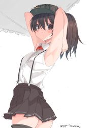 Rule 34 | 10s, 1girl, absurdres, armpits, arms behind head, arms up, black skirt, blush, brown eyes, brown hair, closed mouth, cowboy shot, hair between eyes, high ponytail, highres, kantai collection, long hair, looking at viewer, looking back, magatama, microskirt, miniskirt, nao (qqqbb), pleated skirt, ryuujou (kancolle), shirt, simple background, skirt, sleeveless, sleeveless shirt, solo, standing, suspender skirt, suspenders, sweat, thighhighs, twintails, twitter username, visor cap, white background, zettai ryouiki
