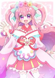 Rule 34 | 1girl, apron, bow, commentary, cone hair bun, cure precious, cure precious (party up style), delicious party precure, earrings, hair bun, head wreath, highres, huge bow, jewelry, long hair, magical girl, nagomi yui, pink bow, pink hair, precure, purple eyes, rii (rii0 02), solo, two side up, very long hair, wide sleeves
