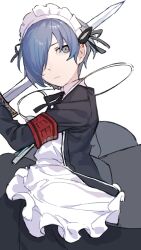Rule 34 | 1boy, apron, armband, black dress, blue eyes, blue hair, caddy cyd, commentary, crossdressing, dress, expressionless, gekkoukan high school uniform, hair over one eye, headphones, headphones around neck, highres, holding, holding sword, holding weapon, jacket, maid apron, maid headdress, male focus, open clothes, open jacket, pale skin, persona, persona 3, red armband, s.e.e.s, school uniform, short hair, solo, sword, upper body, weapon, white background, yuuki makoto (persona 3)