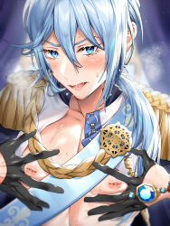 Rule 34 | 1boy, black gloves, blue eyes, blue hair, blush, brooch, edmond (nu carnival), eyelashes, facing viewer, gloves, hair between eyes, hands on own chest, inverted nipples, jewelry, light blue hair, light particles, long hair, looking at viewer, low ponytail, male focus, marao, nipples, nu carnival, open mouth, pectorals, puffy nipples, saliva, shiny skin, side ponytail, simple background, solo, steam from mouth, sweat, trap, upper body