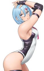 Rule 34 | 1girl, armpits, artist request, bare shoulders, blue eyes, blue hair, blush, breasts, dead or alive, dead or alive 6, elbow pads, fingerless gloves, glasses, gloves, hair ornament, hairclip, highres, jewelry, leotard, looking at viewer, looking back, medium breasts, necktie, nico (doa), open mouth, parted lips, ring, shiny clothes, shiny skin, short hair, sideboob, simple background, solo, thigh strap, white background