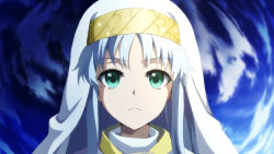 Rule 34 | 1girl, blue background, blue hair, closed mouth, commentary, english commentary, fog (erpr3844), green eyes, habit, highres, index (toaru majutsu no index), long hair, looking at viewer, nun, serious, solo, split mouth, straight-on, toaru majutsu no index, upper body