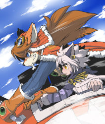 Rule 34 | 1boy, 1girl, animal ears, cat ears, cat tail, cloud, cyber connect 2, day, elh melizee, furry, furry female, furry male, goggles, height difference, highres, little tail bronx, long hair, mecha, red savarin, robot, smile, solatorobo, tail, white hair