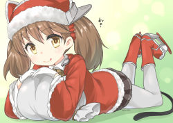 Rule 34 | 10s, 1girl, :q, animal ears, bell, blush, boots, brown eyes, brown hair, cat ears, cat tail, christmas, gloves, hat, highres, ice skates, jingle bell, kantai collection, long hair, looking at viewer, lying, on stomach, pantyhose, ryuki (ryukisukune), ryuujou (kancolle), sack, santa costume, scrunchie, skates, skirt, smile, solo, tail, tongue, tongue out, twintails, visor cap, white gloves, white pantyhose
