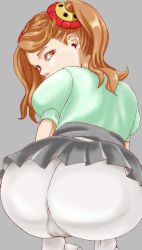 Rule 34 | 10s, 1girl, artist request, ass, brown eyes, brown hair, from behind, gundam, gundam build fighters, gundam build fighters try, huge ass, long hair, looking back, pantyhose, puffy short sleeves, puffy sleeves, sazaki kaoruko, short sleeves, skirt, solo, squatting, turning head, twintails