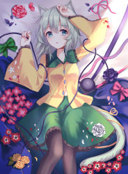 Rule 34 | 1girl, absurdres, anemone (flower), animal ears, bad id, bad pixiv id, black pantyhose, blouse, blue eyes, breasts, cat ears, cat tail, commentary, crying, crying with eyes open, feet out of frame, flower, frilled shirt collar, frilled skirt, frilled sleeves, frills, green sailor collar, green skirt, hair between eyes, hand in own hair, highres, kemonomimi mode, kofumi (nxme5555), komeiji koishi, light green hair, long sleeves, looking at viewer, lying, medium hair, on back, pantyhose, petals, pink flower, pink rose, red flower, rose, rose petals, sailor collar, shirt, skirt, small breasts, solo, tail, tears, third eye, touhou, white flower, white rose, wide sleeves, yellow flower, yellow rose, yellow shirt