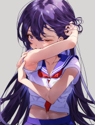 Rule 34 | 1girl, absurdres, armpits, blouse, blue sailor collar, commentary request, grey background, highres, long hair, looking at viewer, midriff, navel, neckerchief, one eye closed, original, pink eyes, puni (punycolors), purple hair, sailor collar, school uniform, serafuku, shirt, short sleeves, solo
