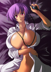 Rule 34 | bed, breasts, cellphone, character request, cleavage, earphones, huge breasts, lying, midriff, navel, open clothes, open shirt, phone, purple hair, red eyes, shirt, short hair, sleeves rolled up, solo, tears, umino mokuzu (a4 size)