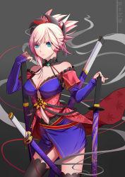Rule 34 | 1girl, absurdres, black thighhighs, blue eyes, breasts, cleavage, commentary request, cowboy shot, fate/grand order, fate (series), grey background, highres, magatama, miyamoto musashi (fate), miyamoto musashi (third ascension) (fate), multiple swords, pink hair, ponytail, scrunchie, solo, sword, thighhighs, weapon, yan mian, zettai ryouiki