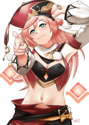Rule 34 | 1girl, absurdres, armpits, artist name, bandeau, black bandeau, blush, breasts, bright pupils, cleavage, detached sleeves, finger gun, genshin impact, green eyes, hand on own head, hat, head tilt, highres, horns, looking at viewer, medium breasts, midriff, navel, pink hair, raffijoe5, red hat, red skirt, simple background, skirt, smile, solo, white background, white pupils, yanfei (genshin impact)