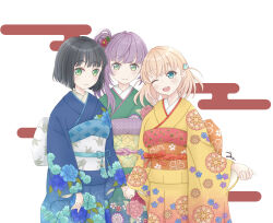 3girls ;d absurdres back_bow black_hair blue_eyes blue_kimono blunt_bangs blunt_ends blush bob_cut bow breasts brown_sash buchiko_(shakishaki25726) cerise_bouquet closed_mouth commentary_request cowboy_shot crossed_bangs egasumi floral_print floral_print_kimono floral_print_sash flower furisode green_eyes green_kimono grey_sash hair_bun hair_flower hair_ornament highres hinoshita_kaho holding_hands japanese_clothes kimono link!_like!_love_live! long_hair long_sleeves looking_at_viewer love_live! medium_breasts medium_hair momose_ginko multiple_girls obi one_eye_closed open_mouth orange_hair orange_sash otomune_kozue purple_hair rabbit_hair_ornament red_flower sash shippou_(pattern) short_hair side_ponytail sidelocks single_side_bun smile tassel tassel_hair_ornament two_side_up virtual_youtuber white_background wide_sleeves yellow_kimono