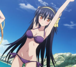 Rule 34 | 10s, 1girl, 8-bit (company), absolute duo, arm up, armpits, bikini, blue hair, blush, breasts, cleavage, hair ornament, large breasts, long hair, looking at viewer, midriff, navel, orange eyes, outdoors, ribbon, screencap, sky, stitched, swimsuit, tachibana tomoe (absolute duo), third-party edit
