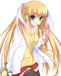 Rule 34 | 1girl, alternate costume, bag, black thighhighs, casual, coat, cowboy shot, crepe, doruji, fish, food, highres, little busters!, off-shoulder sweater, off shoulder, otou (otou san), piro, pleated skirt, pocky, red skirt, simple background, skirt, solo, stuffed animal, stuffed cat, stuffed toy, sweater, thighhighs, tokido saya, white background, white coat, yellow sweater