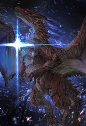 Rule 34 | absurdres, claws, dragon, dragon horns, dragon tail, dragon wings, glowing chest, gradient scales, highres, horns, monster, monster focus, monster hunter, monster hunter: world, monster hunter (series), monster hunter world: iceborne, no humans, nutuki, open mouth, red scales, safi&#039;jiiva, scales, spiked tail, spikes, spread wings, tail, teeth, western dragon, wings, yellow eyes